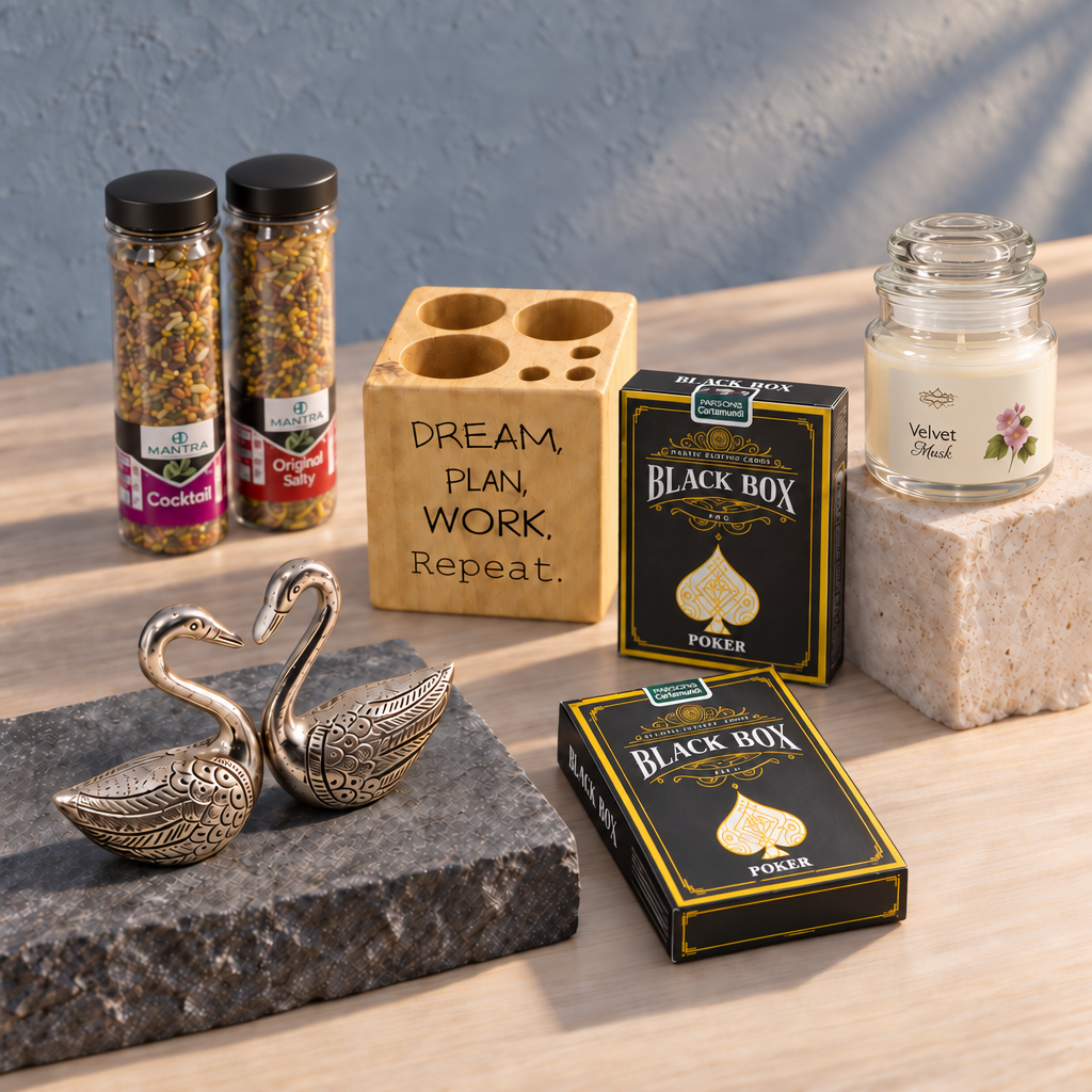 A styled tabletop arrangement featuring two Black Box Poker decks, a wooden sign reading 'DREAM, PLAN, WORK, REPEAT.', two spice jars, a candle in a glass jar, and two metallic swan figurines on a dark stone slab.